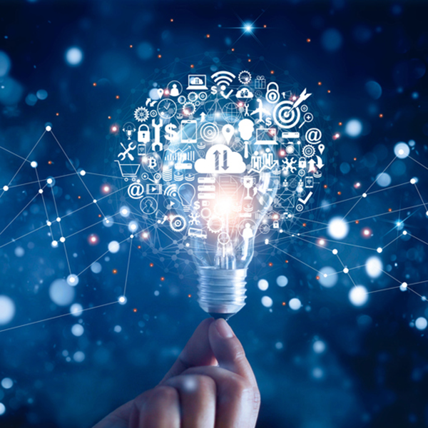 Lightbulb with graphics surrounding it